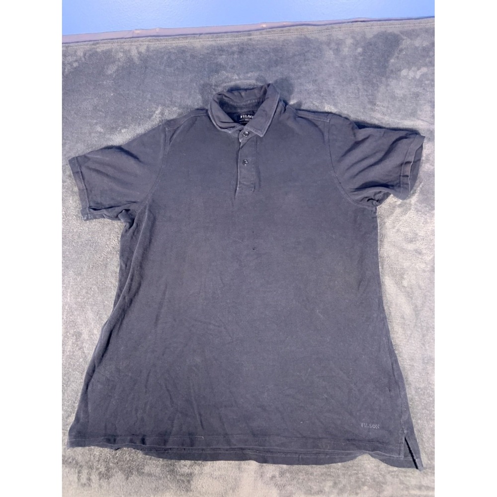 Filson Men's Polo Shirt Large L Navy Blue Pique Cotton Short Sleeve Side Vents